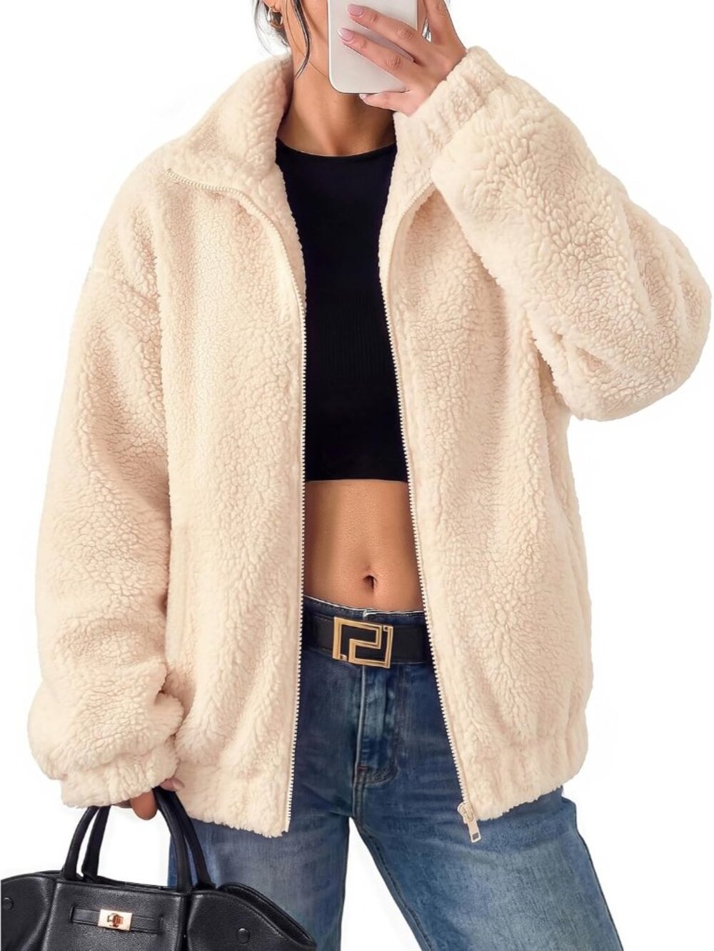 Women's White Long Sleeve ZIP Teddy Coat Oversized Sherpa Fleece Jacket